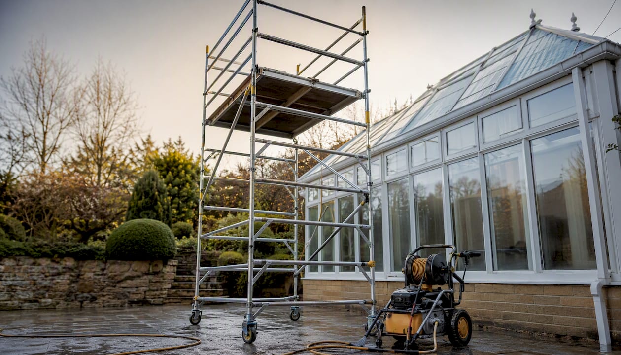 Scaffold tower positioned for conservatory roof cleaning