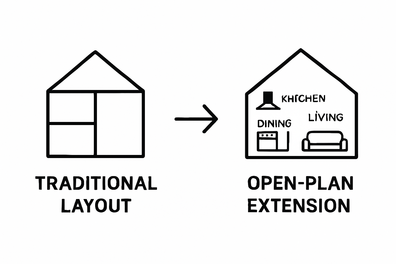 Simple comparison of traditional vs open-plan extension layouts