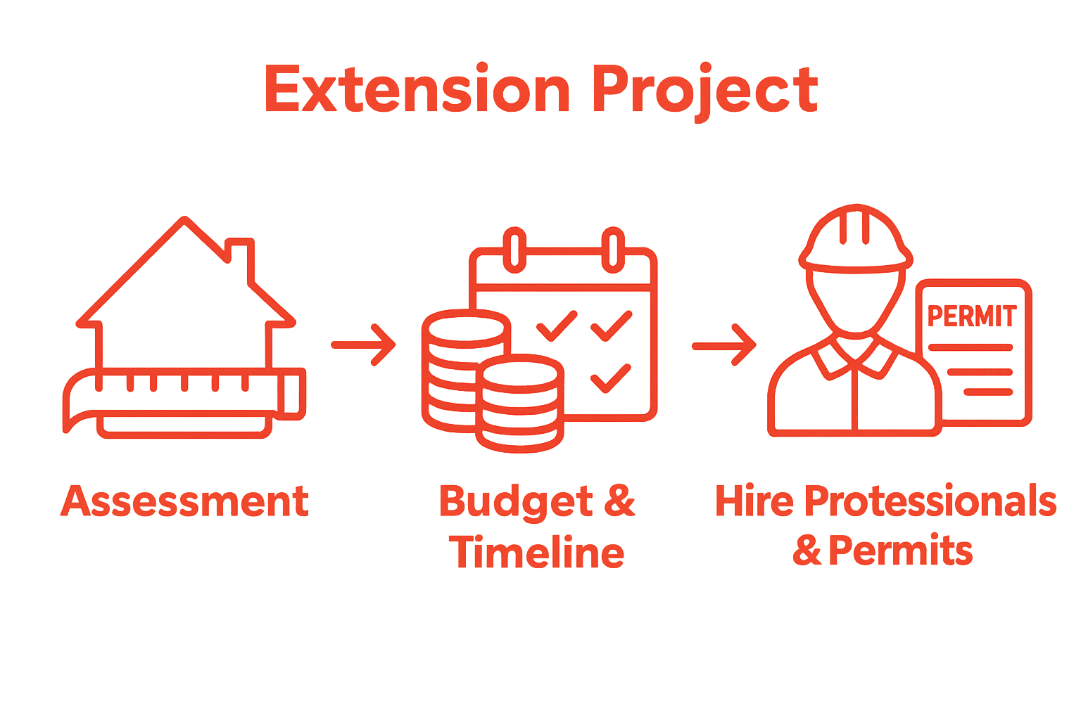 Infographic visualizing 3-step home extension project workflow process