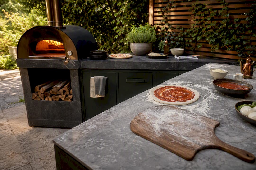 Outdoor kitchen pizza oven workflow layout