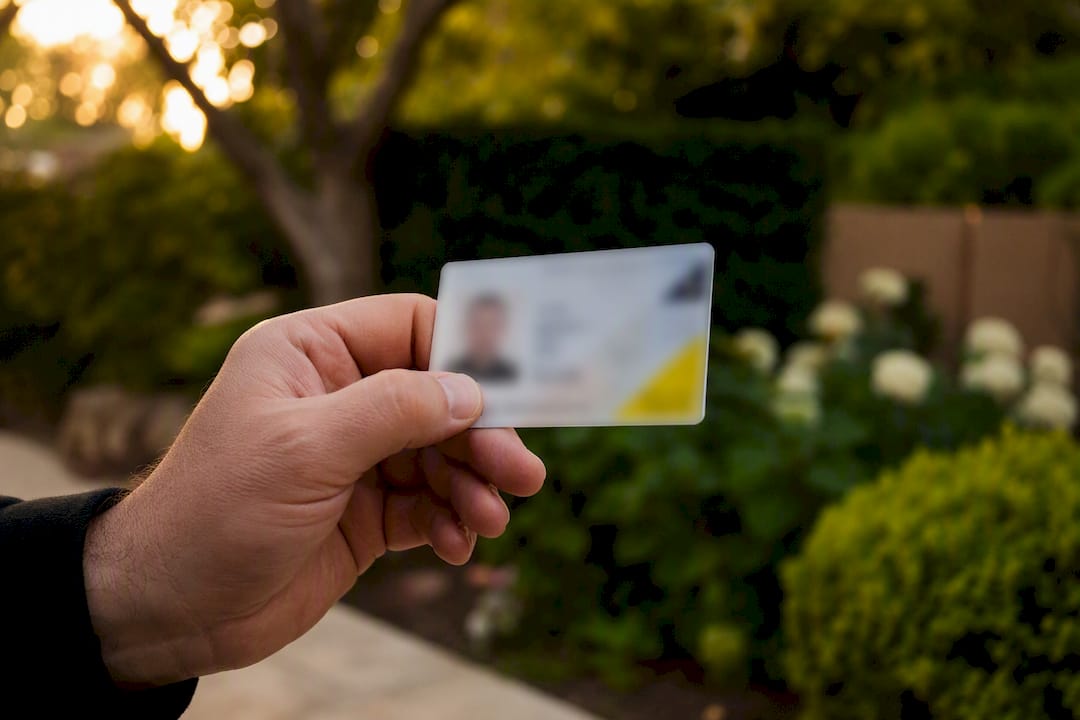 Hand holding generic installer ID card outdoors