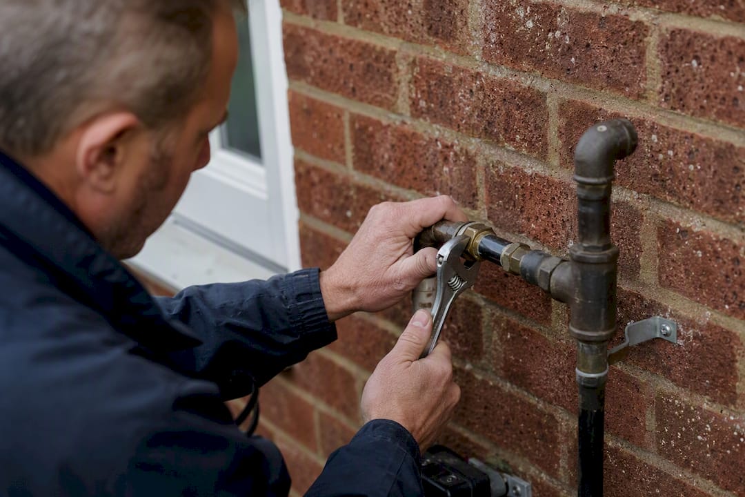 Hands fixing gas pipe fitting outdoors