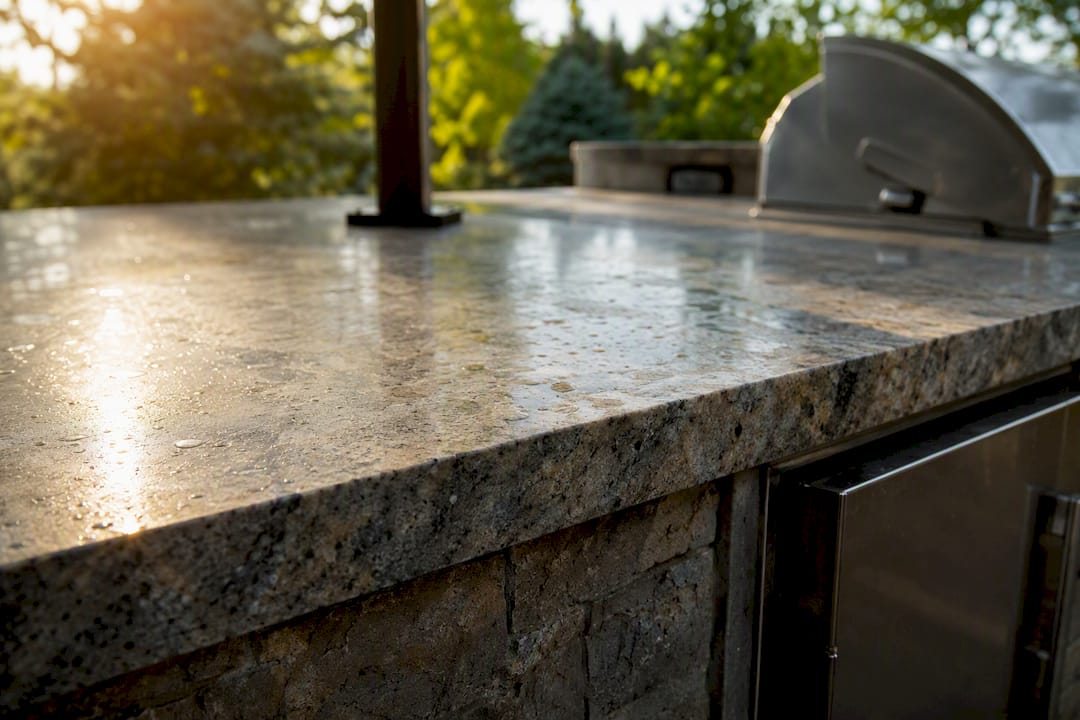 Granite outdoor kitchen worktop close-up