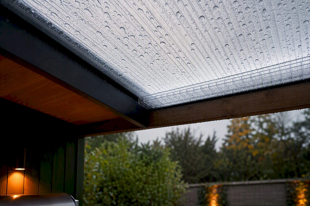 Rain droplets hitting a covered patio roof