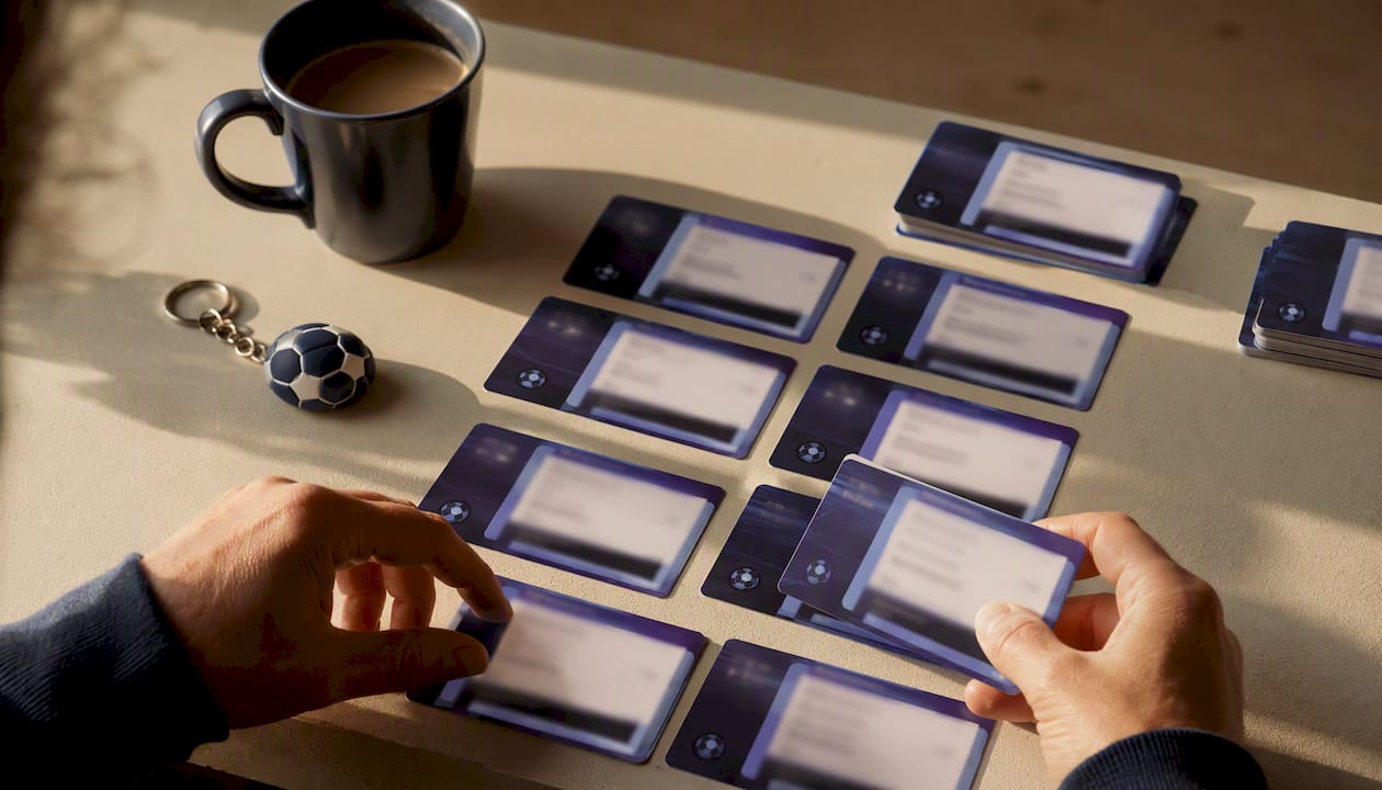 Hands organizing football quiz question cards