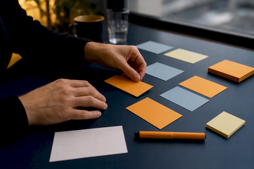 Hands arranging AI curriculum session cards