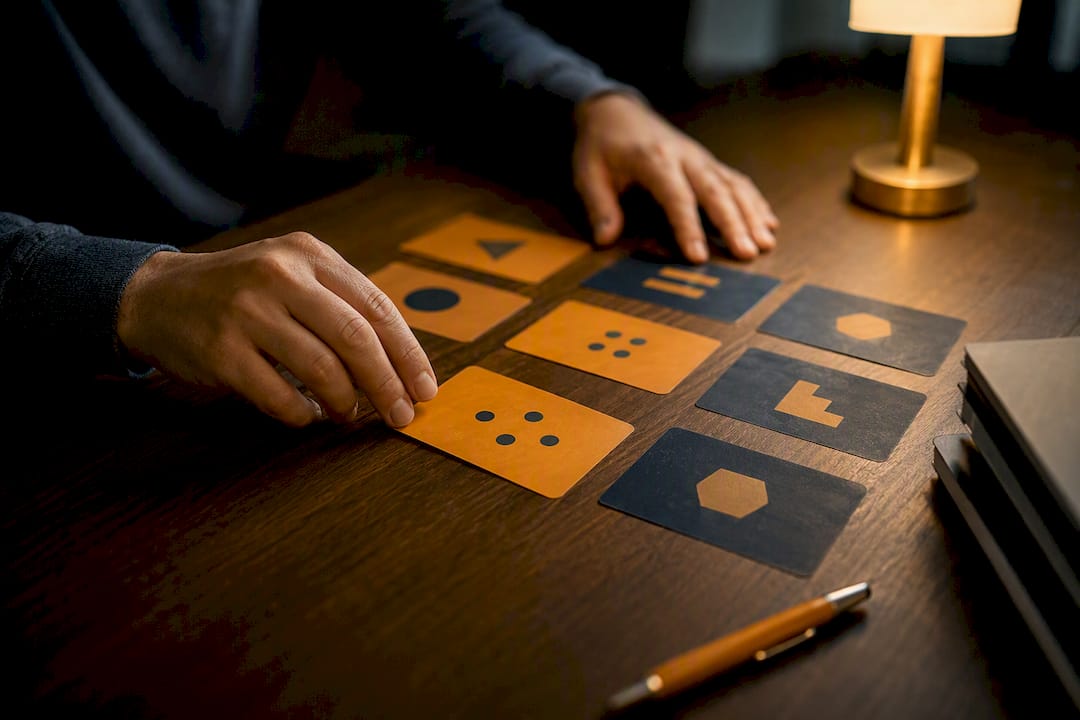 Hands sorting risk severity cards on blue felt board