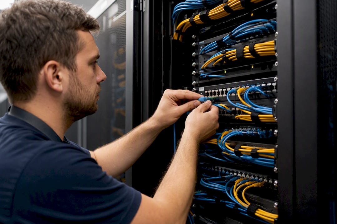 Technician manually reconnecting network cable