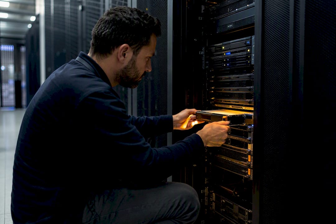 Engineer inserting hardware security module in server rack