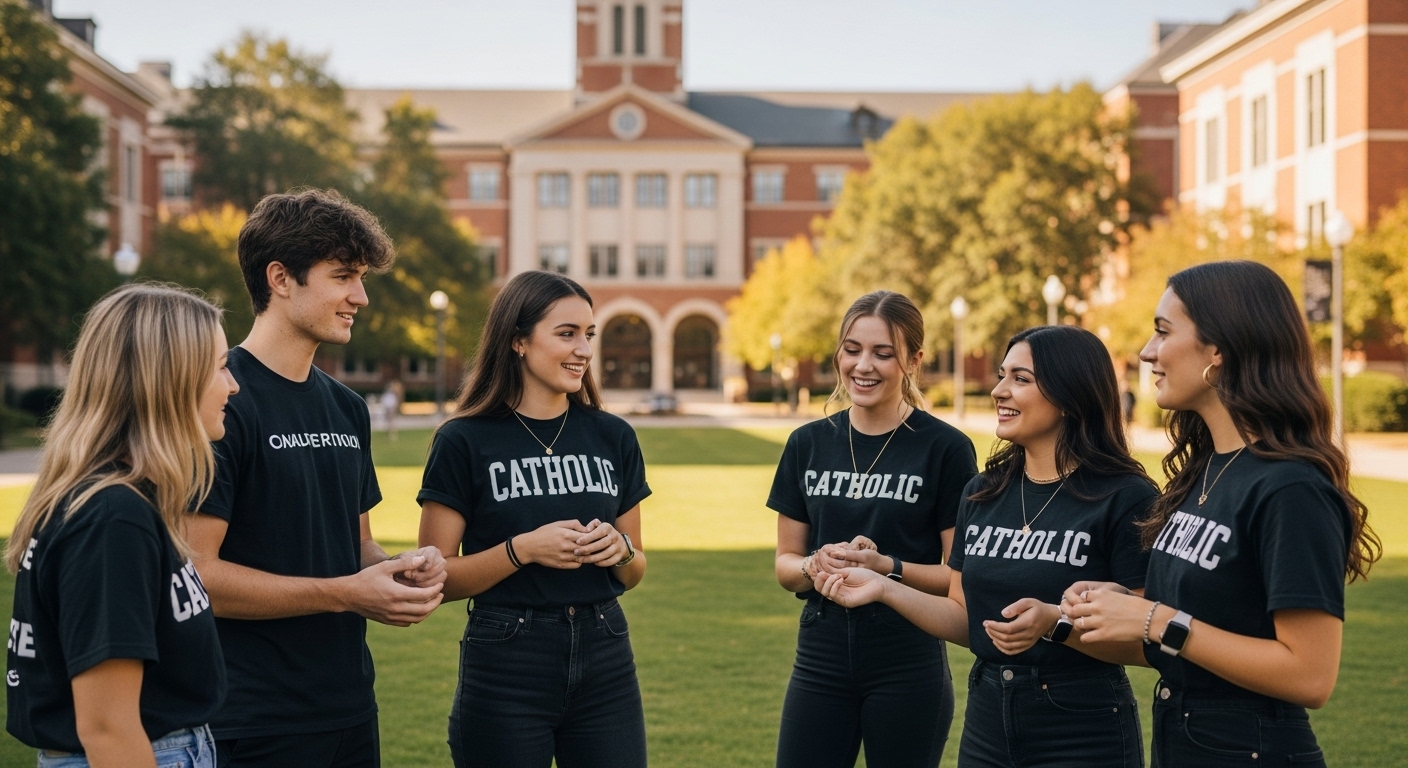 Catholic campus fashion, student style, university courtyard
