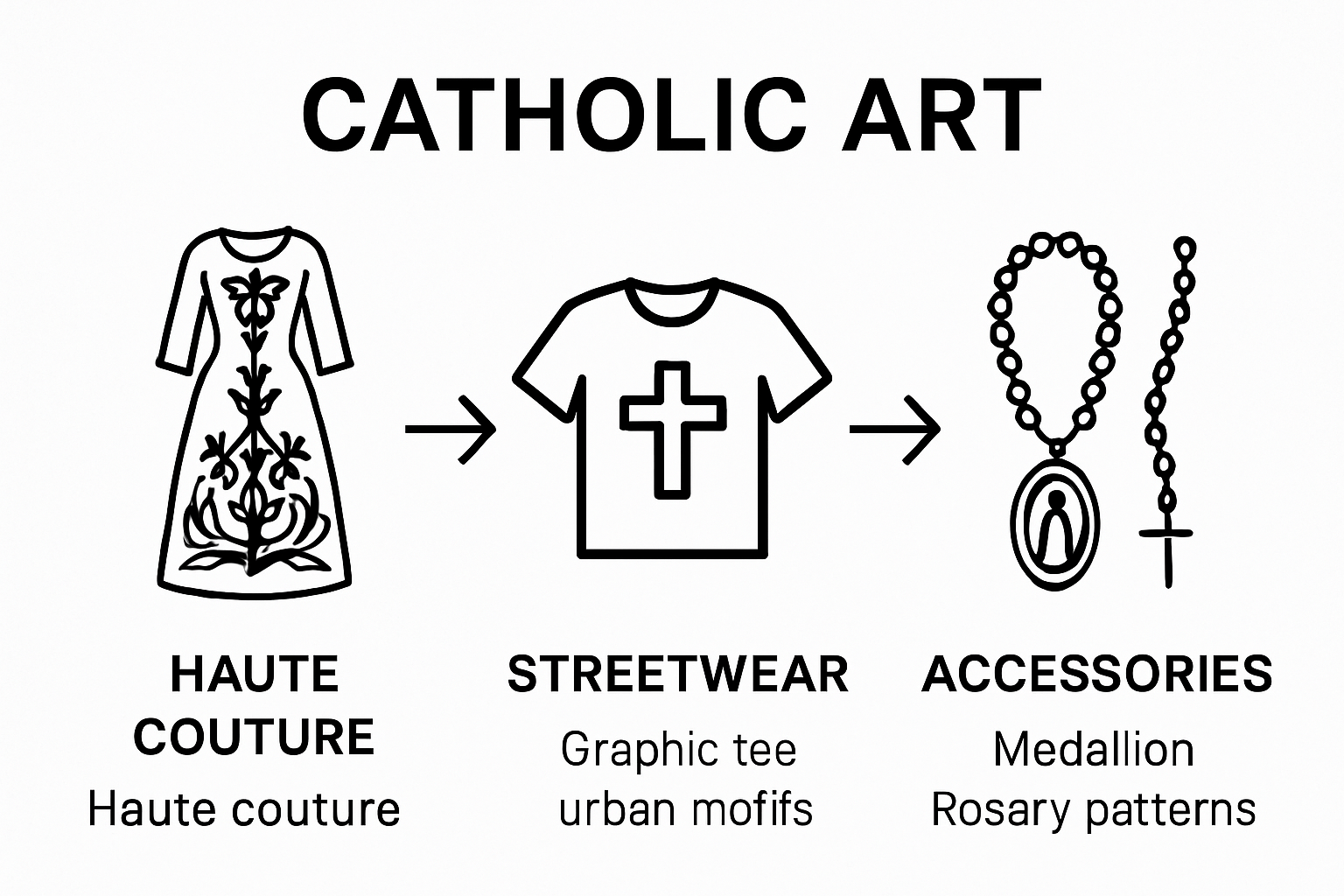 Infographic comparing Catholic art in haute couture, streetwear, and accessories