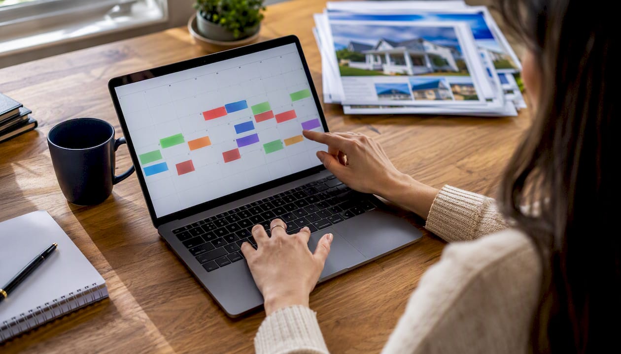 Hands scheduling follow-ups on digital calendar
