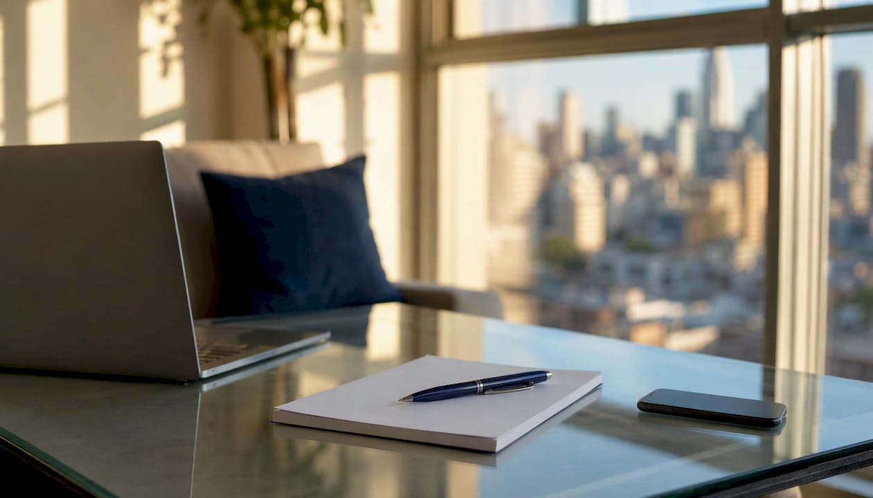 Workspace with pen and notebook for writing real estate listing