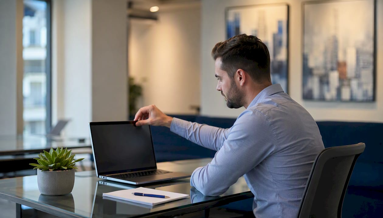 Agent adjusting laptop at office desk