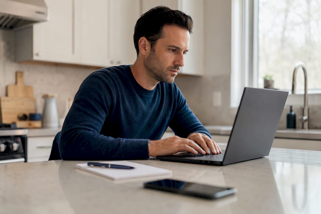 Real estate agent preparing newsletter at desk