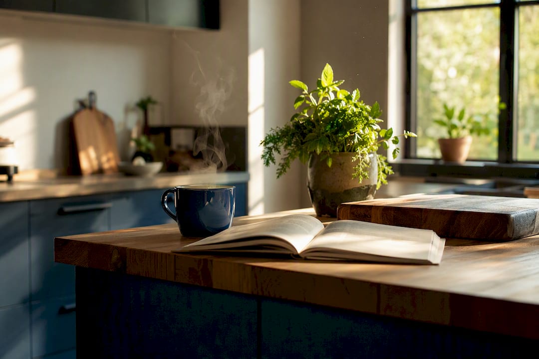 Sunlit kitchen corner with coffee cup and herbs
