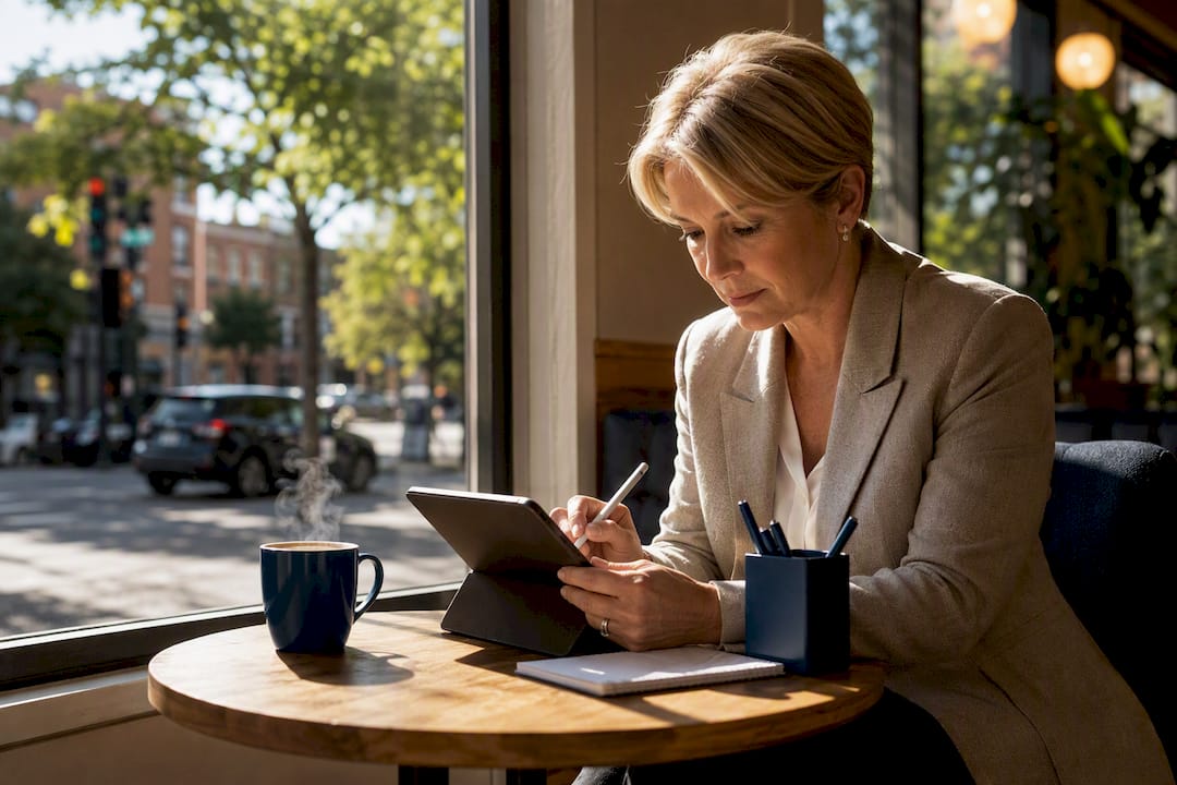 Agent writing neighborhood description on tablet
