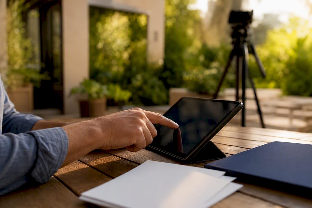 Agent interacting with tablet during virtual tour setup