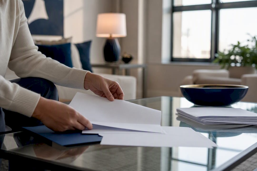 Seller organizing home sale paperwork on table