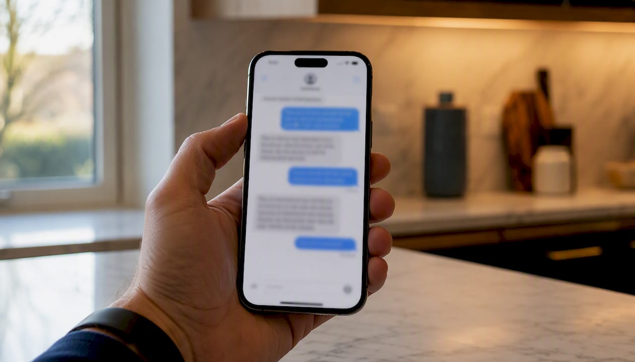 Smartphone showing blurred client testimonial text