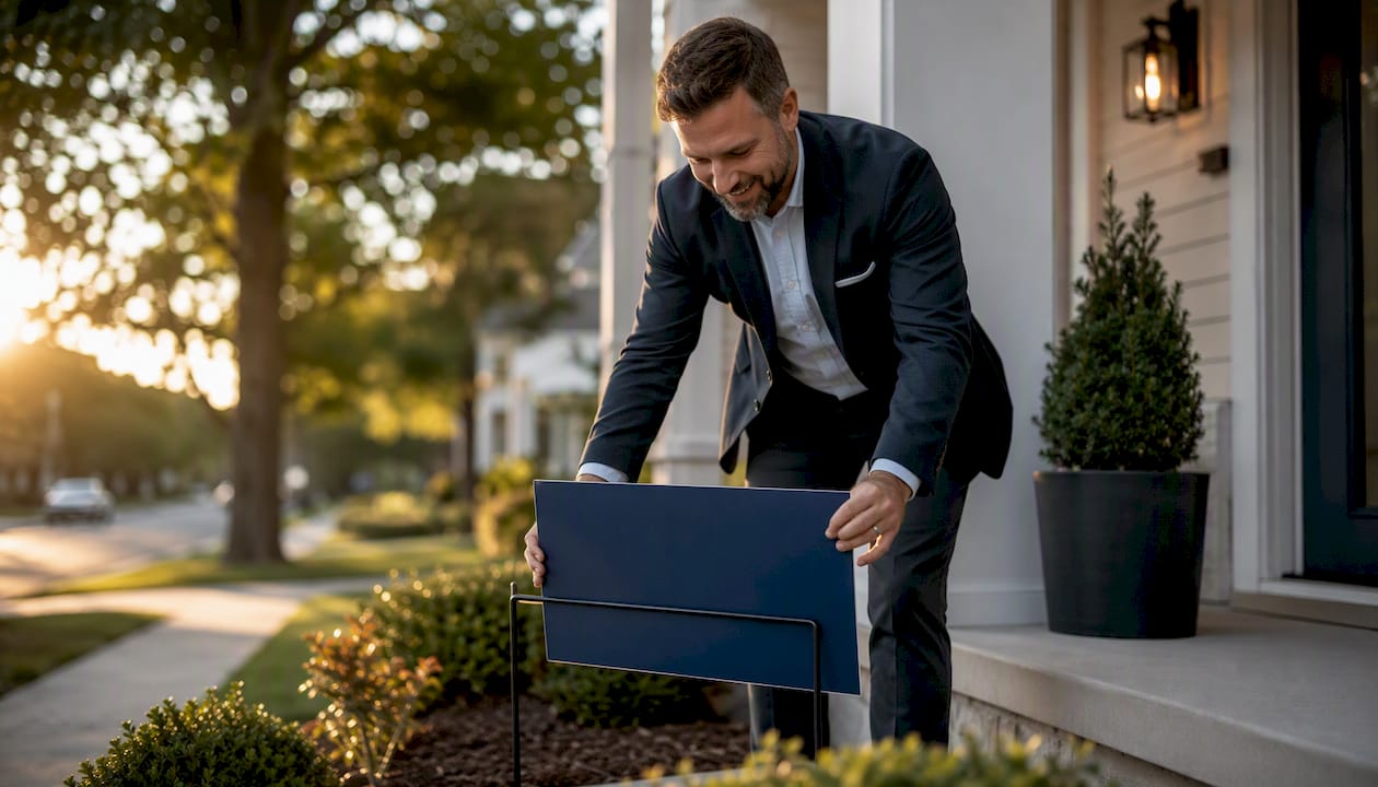 Agent placing just sold sign in front yard