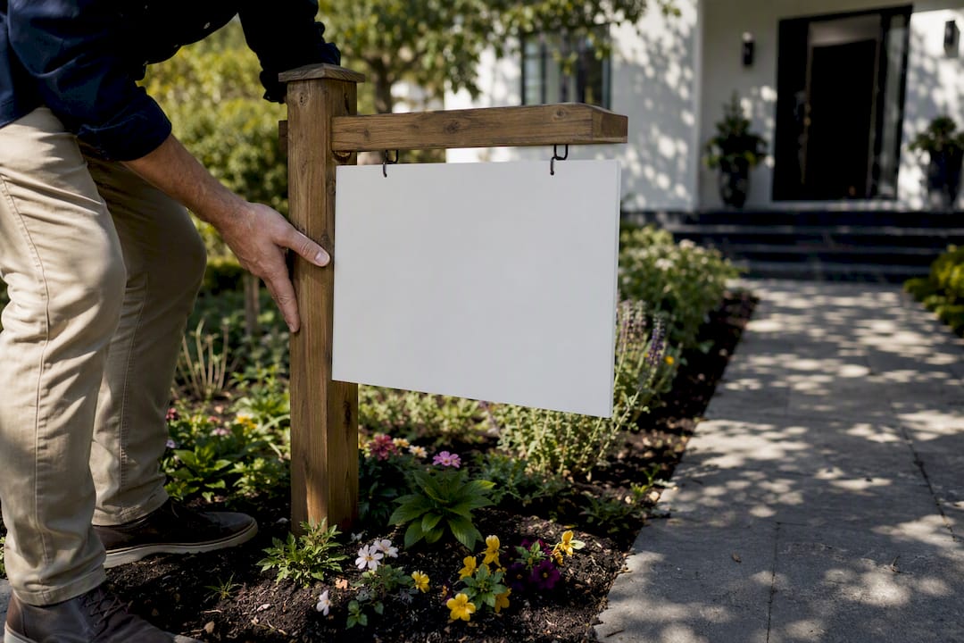 Agent adjusting open house sign outdoors