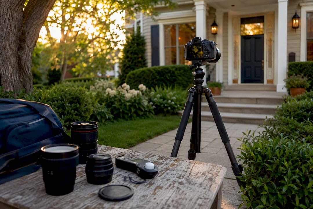 Agent setting up exterior home photo shoot