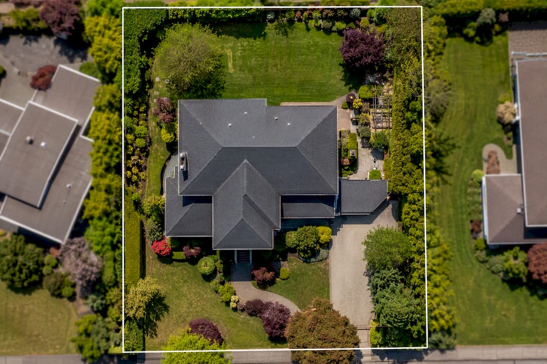 Drone aerial view of house and property boundaries