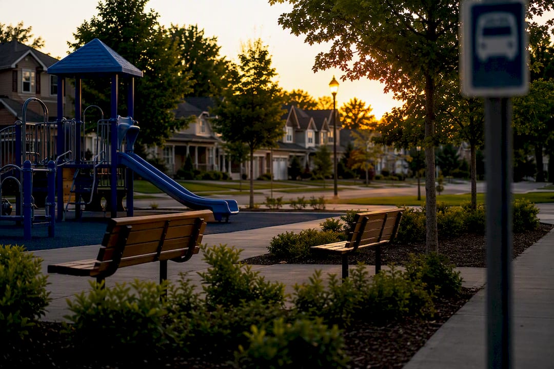 Suburban neighborhood with park and transit stop