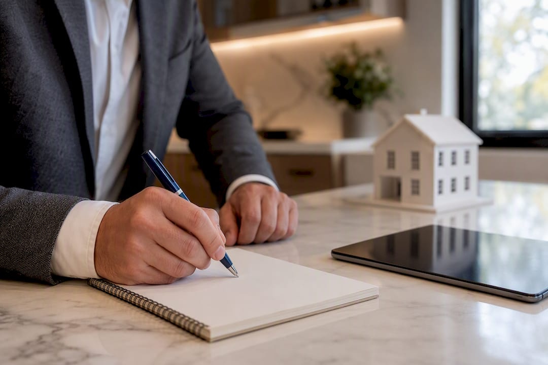 Agent preparing real estate description at desk