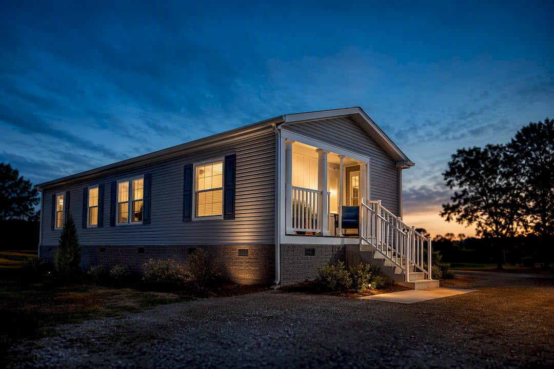 Manufactured home exterior at blue hour