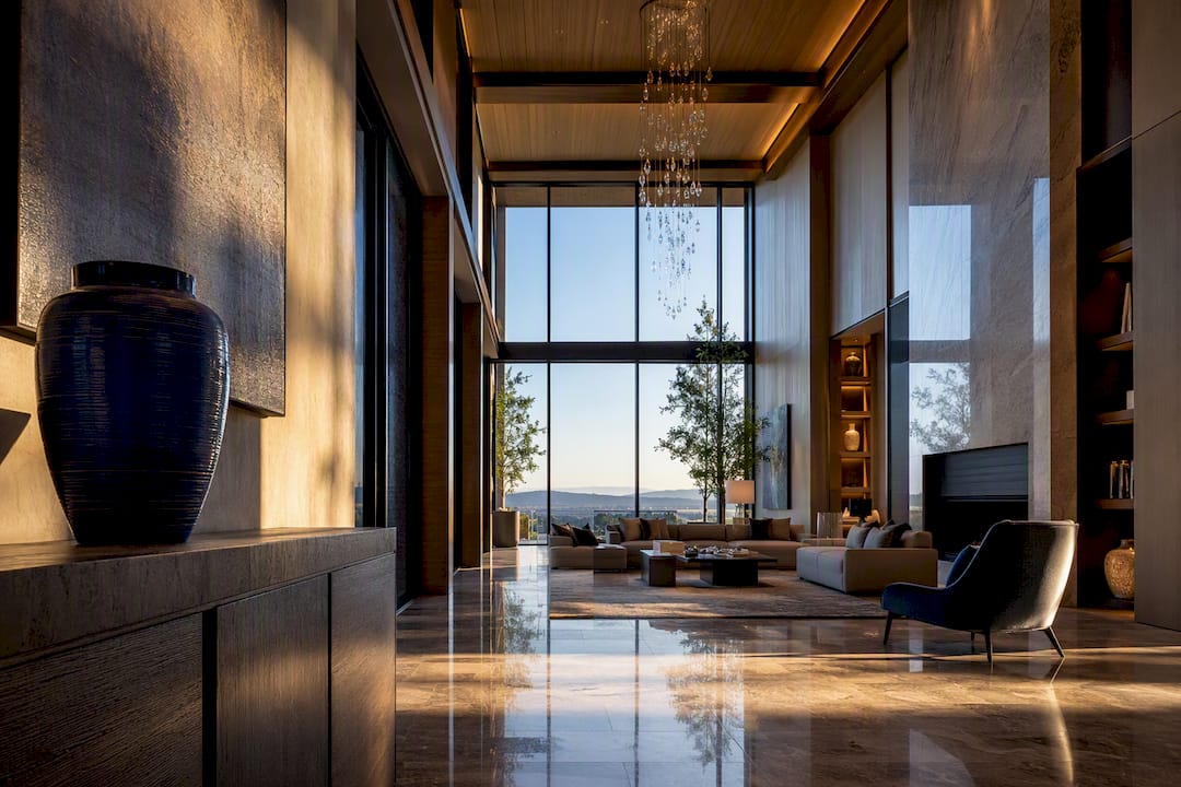 Architect-designed luxury great room with soaring ceiling