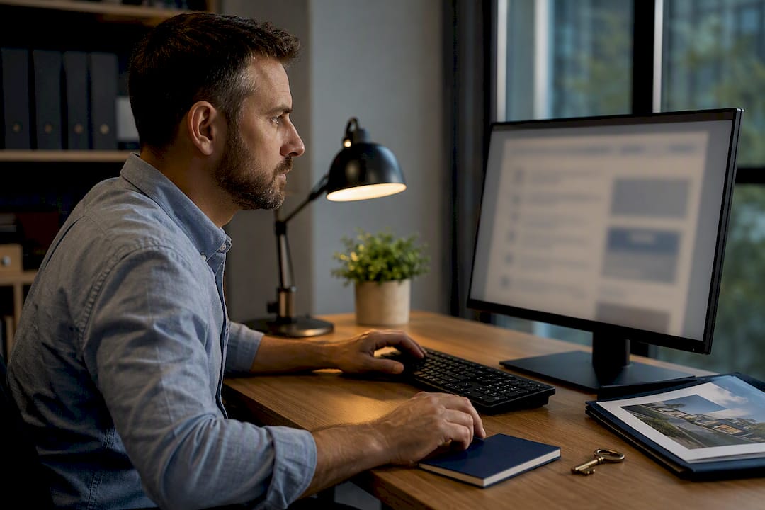 Property manager reviewing rental listing compliance