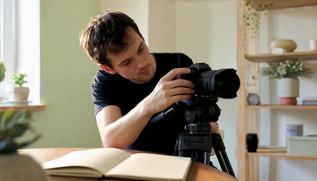 Content creator adjusting camera for course video