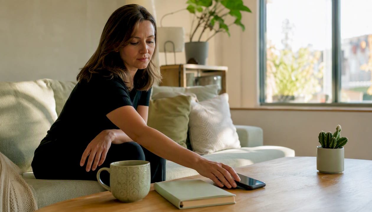 Educator placing a mobile phone on desk