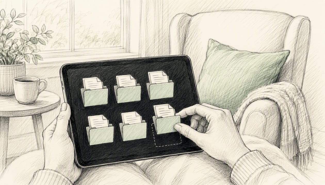 Hands automating digital template delivery on tablet