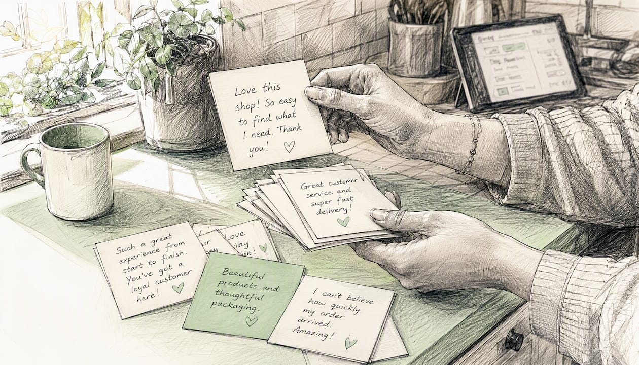 Hands arranging customer feedback cards for community building