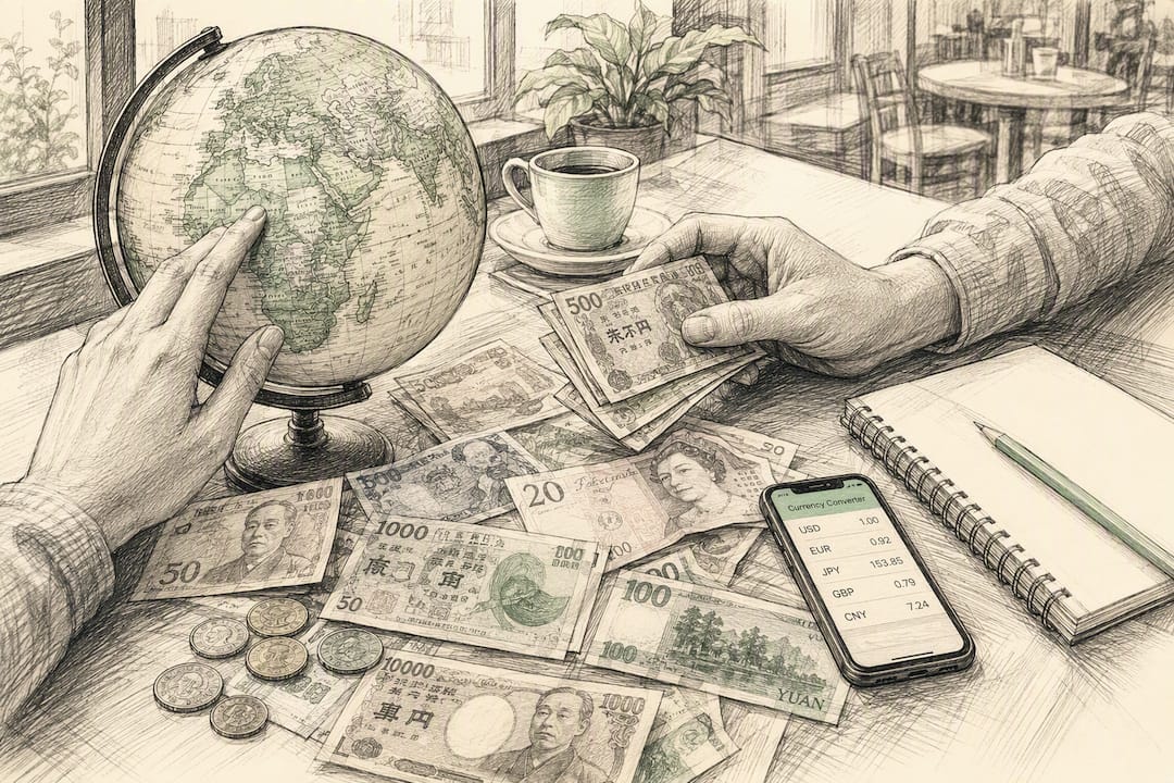 Hands handling globe and foreign currency
