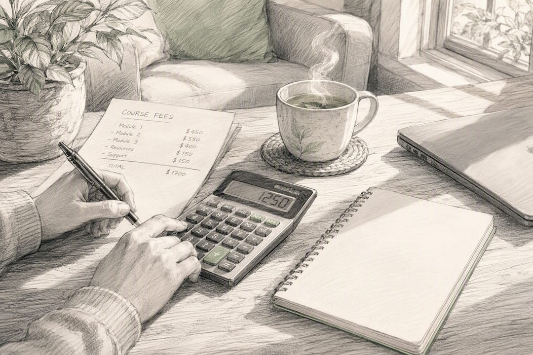 Hands using calculator for course pricing