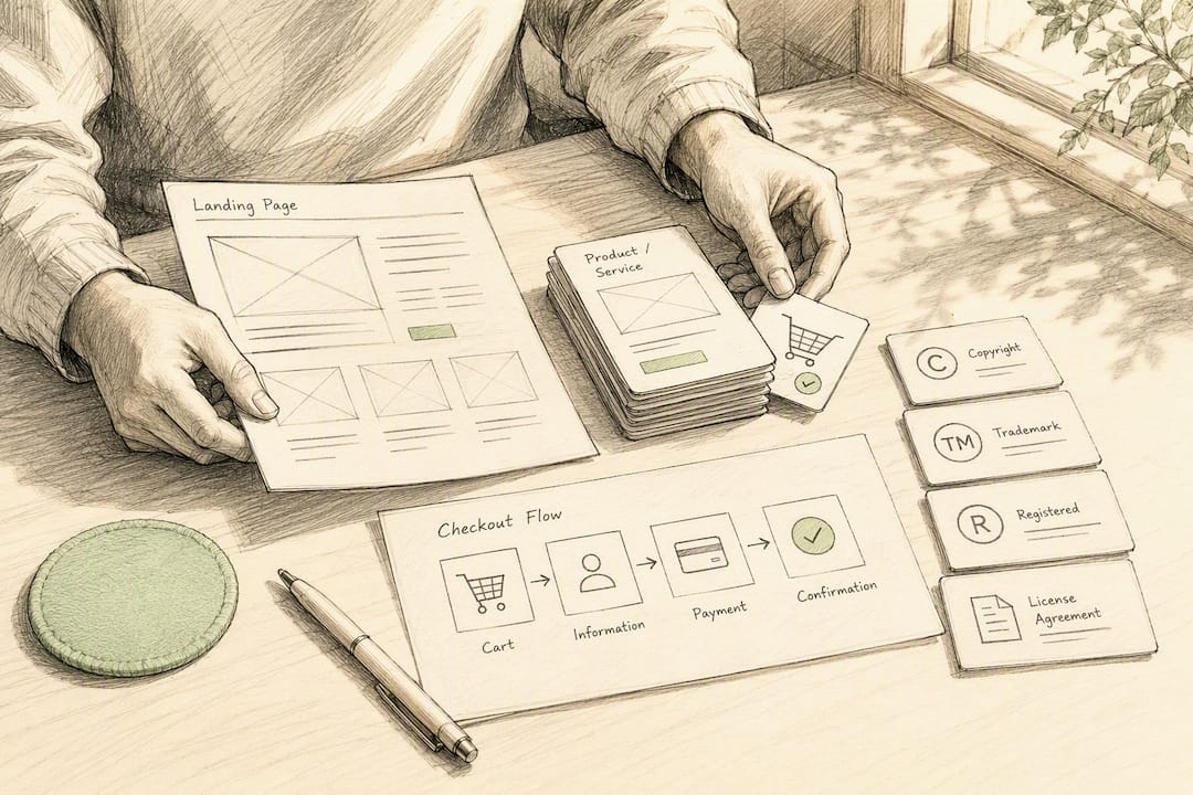 Hands assembling digital storefront mockups on desk