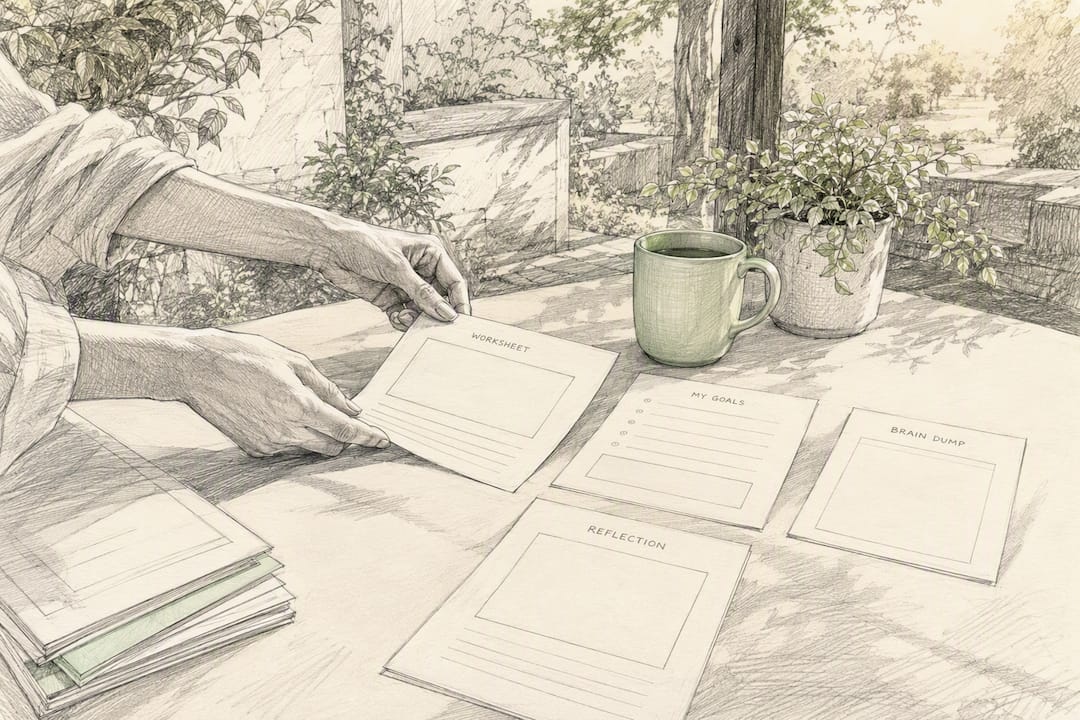 Hands arranging worksheet mockups on desk