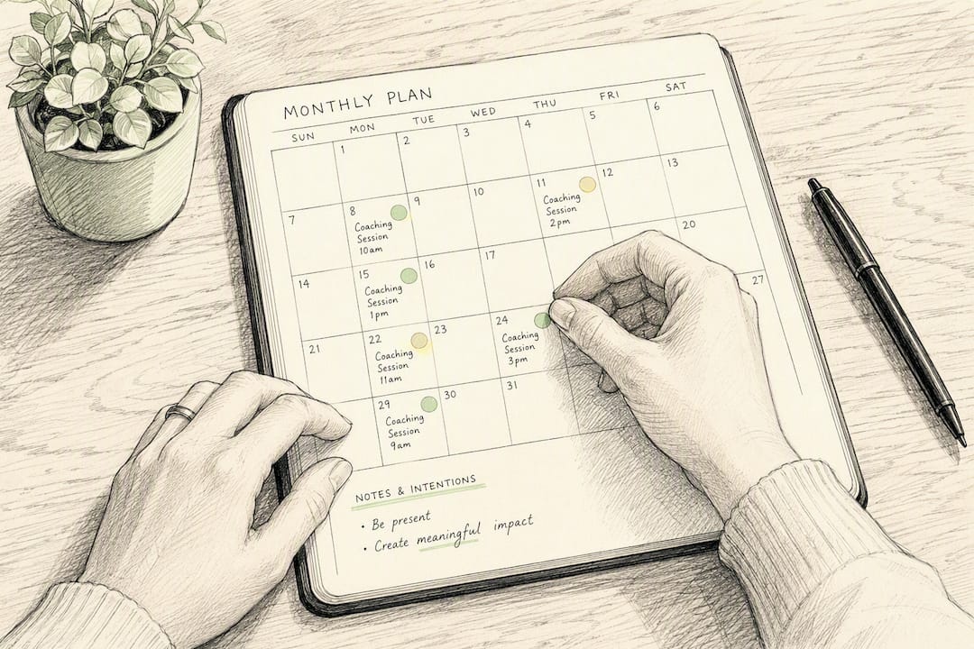 Hands marking coaching session schedule on calendar