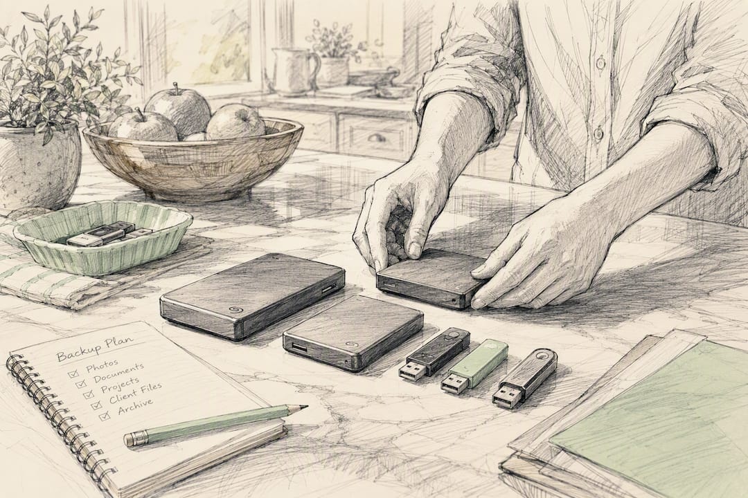 Hands preparing digital backups on desk