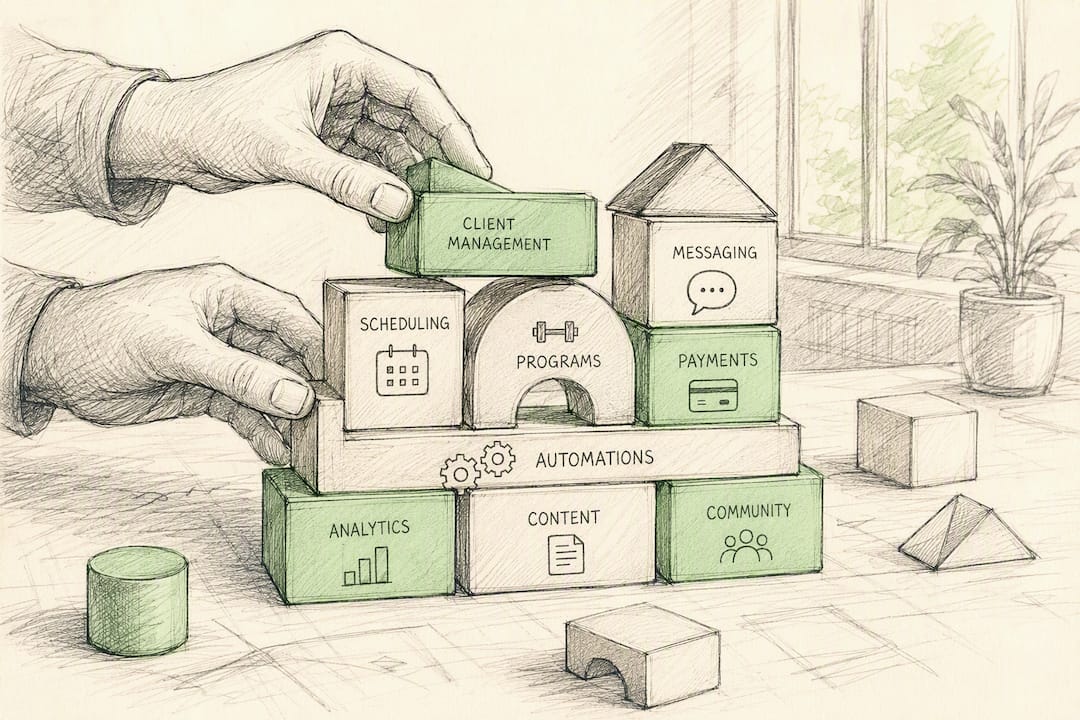 Hands assembling interconnected tech modules