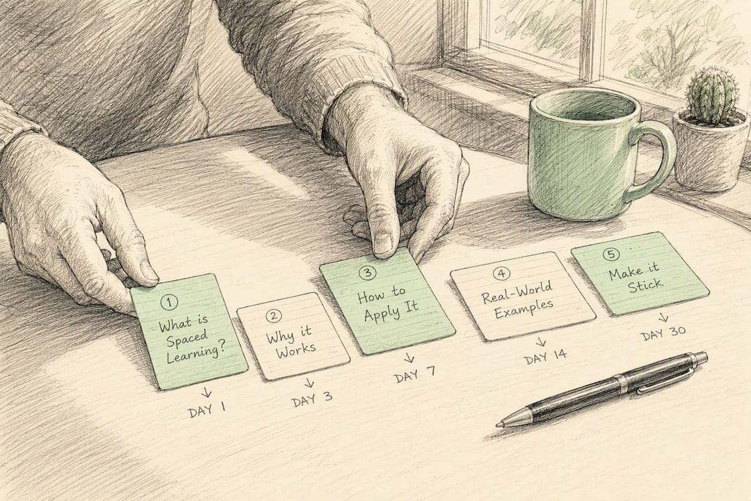 Hands arranging learning cards for spaced practice