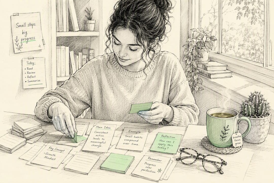 Hands arranging study materials on table