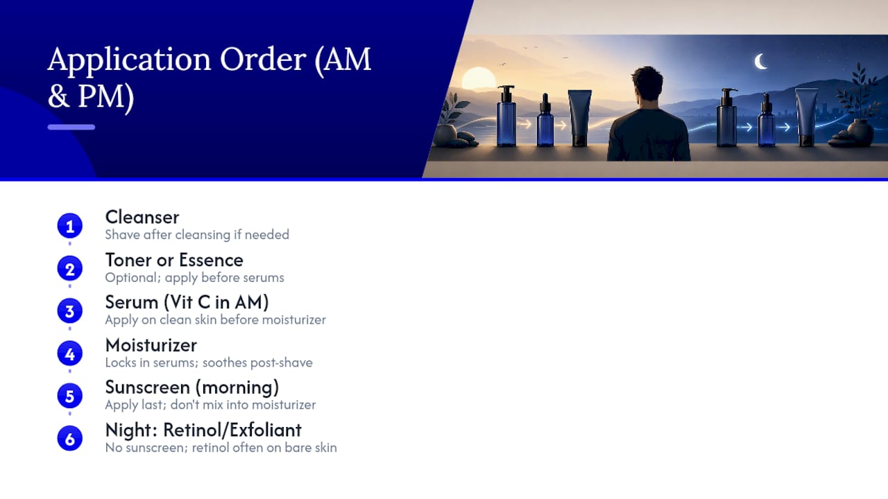 Skincare products arranged in application order