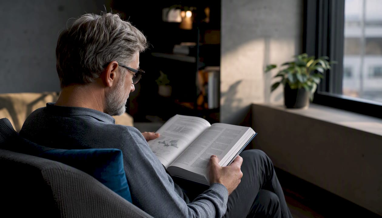 Mature adult reading by window