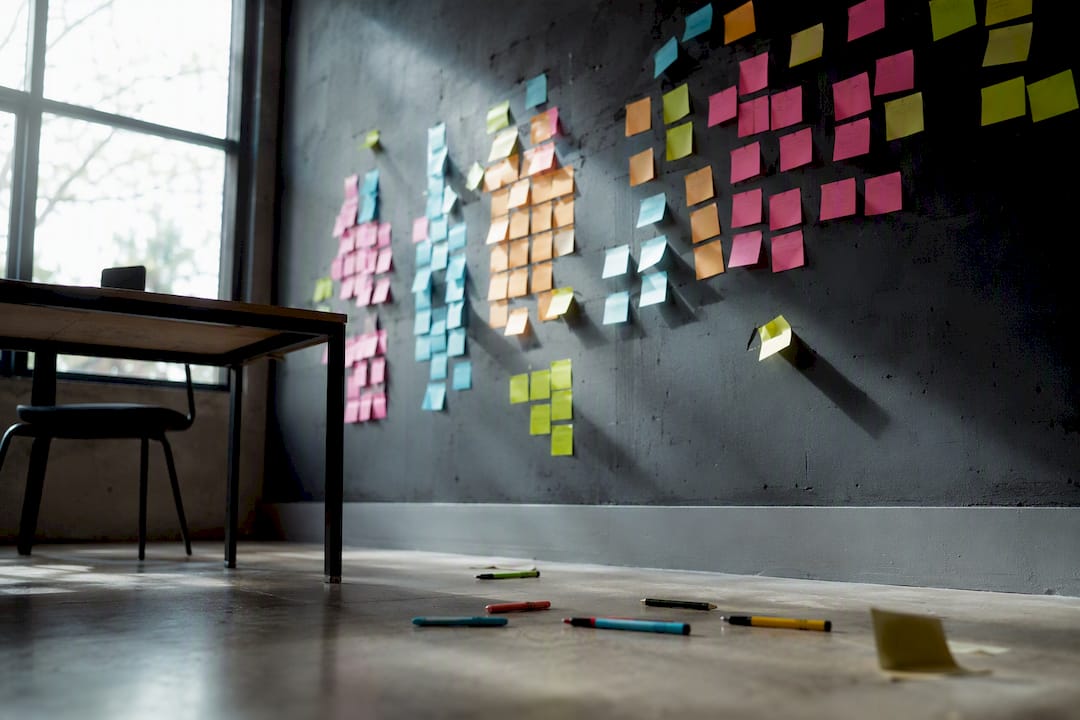 Colorful sticky notes clustered on wall