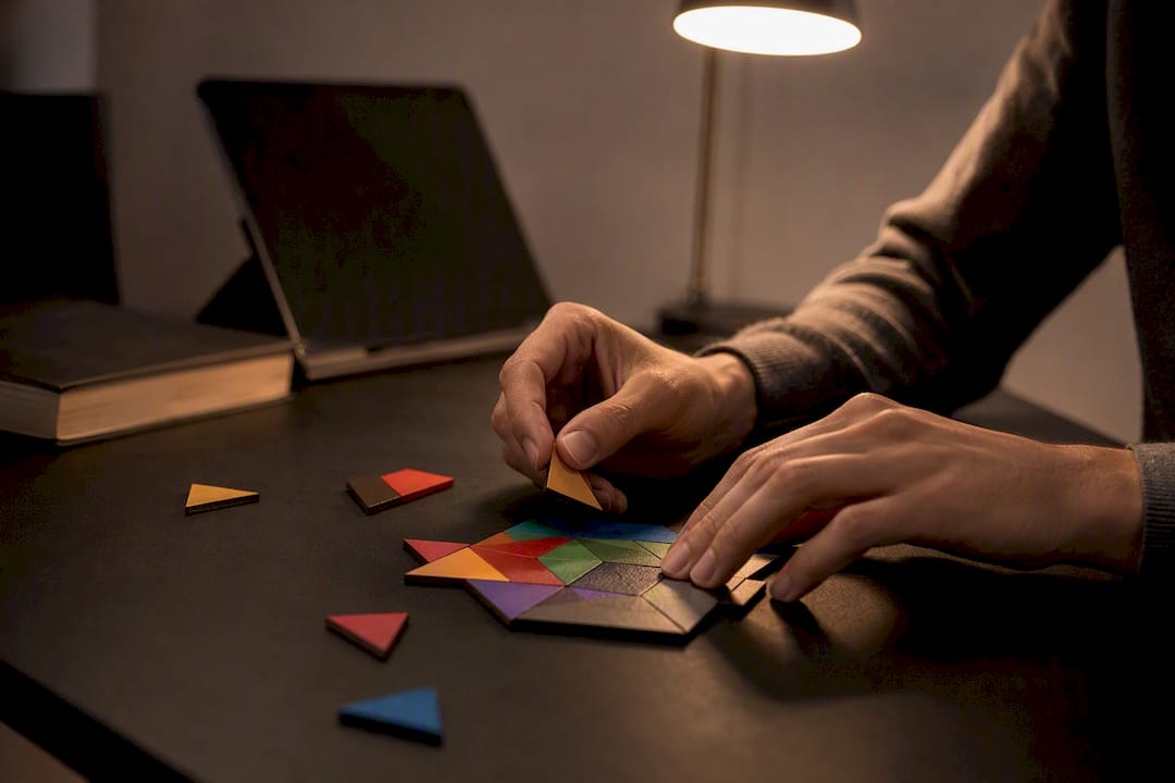 Hands assembling geometric puzzle in learning session